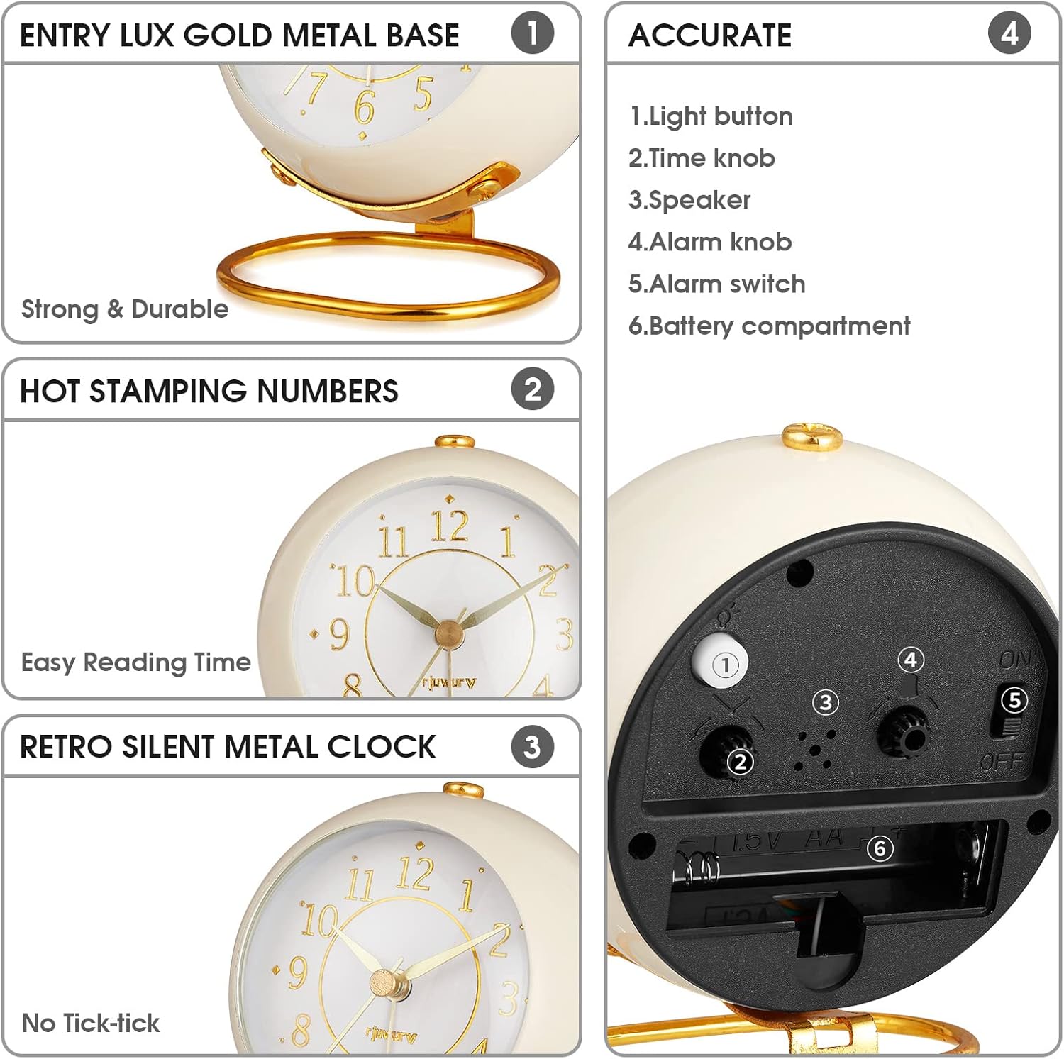 Metal Desk Clock, Retro Bedroom Table Vintage Analog Alarm Clock, Silent Non-Ticking Gold Clock, Bedside Décor(Milk White) - Image 4