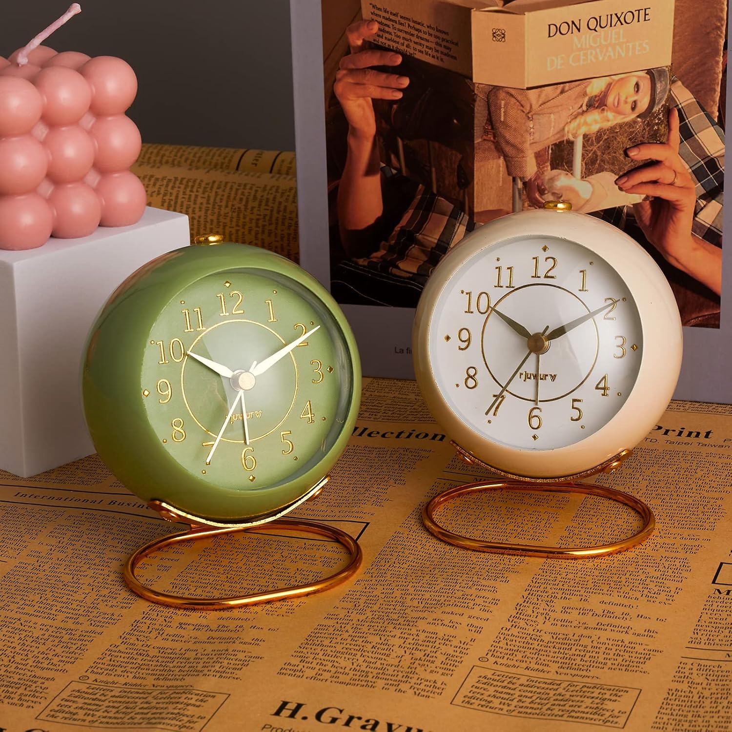 Metal Desk Clock, Retro Bedroom Table Vintage Analog Alarm Clock, Silent Non-Ticking Gold Clock, Bedside Décor(Milk White) - Image 5