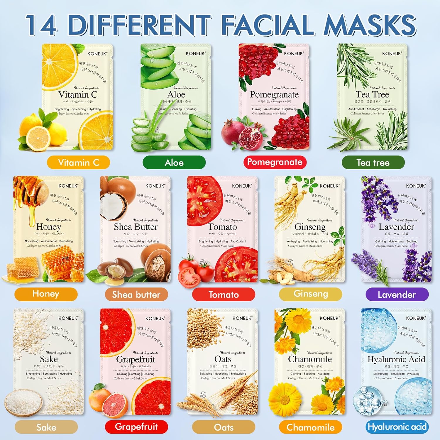 14 Pack Sheet Face Masks Skincare for All Skin Types, Hydrating Face Masks Suitable for Sensitive Skin, Bulk Facial Mask Set for Women Skin Care, Face Mask Gifts Set for Face Spa - Image 4