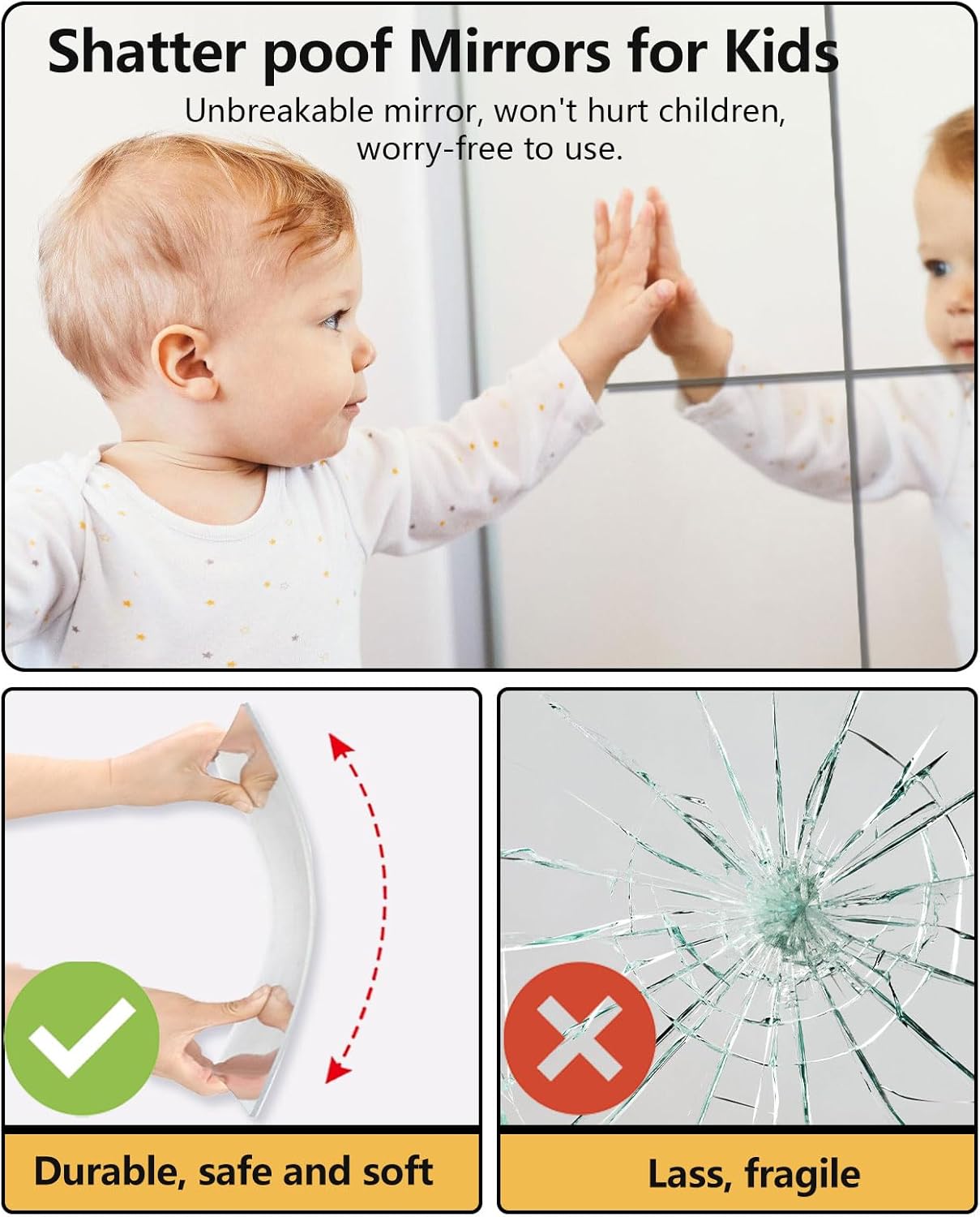 Unbreakable Full Body Mirror Tiles, 4PCS 10”x10” Stick on Mirrors for Wall, Toddlers Mirror Full Length for Kids Bedroom, Plastic Gym Frameless Door Mirrors Wall Decor - Image 4