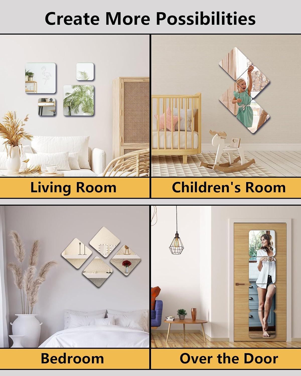 Unbreakable Full Body Mirror Tiles, 4PCS 10”x10” Stick on Mirrors for Wall, Toddlers Mirror Full Length for Kids Bedroom, Plastic Gym Frameless Door Mirrors Wall Decor - Image 5