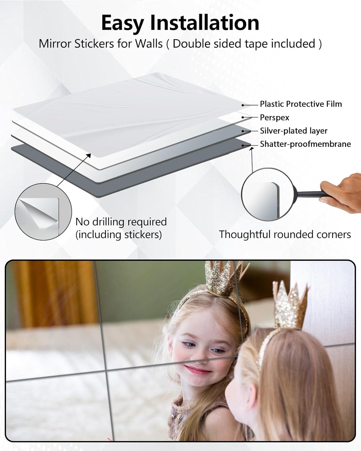 Unbreakable Full Body Mirror Tiles, 4PCS 10”x10” Stick on Mirrors for Wall, Toddlers Mirror Full Length for Kids Bedroom, Plastic Gym Frameless Door Mirrors Wall Decor - Image 7