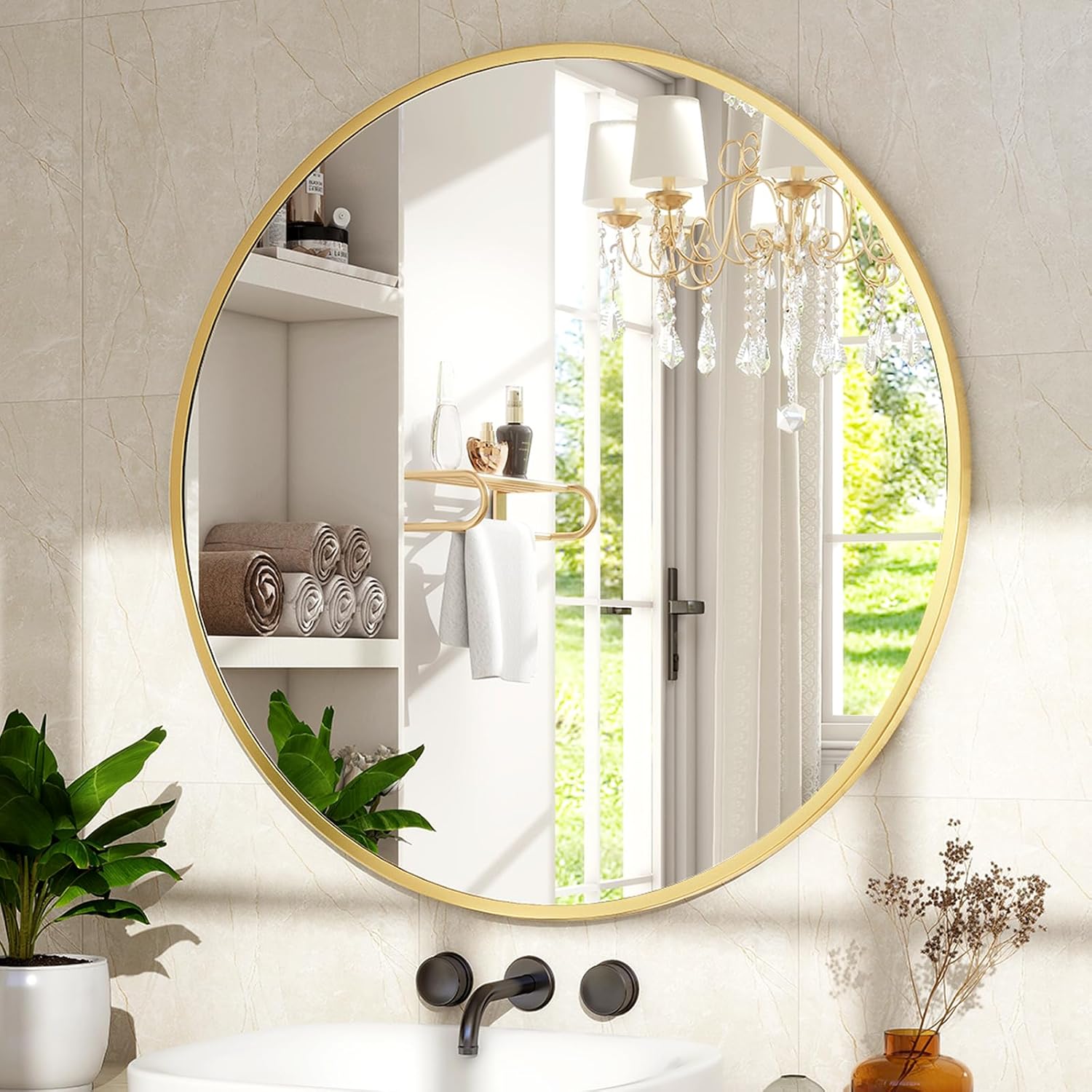 30 Inch Round Mirror - Circle Mirrors for Bathroom, Entryway and Living Room Wall Decor, Modern Hanging Vanity Mirror, Matte Gold Circle Decorative Wall Mirror - Image 3