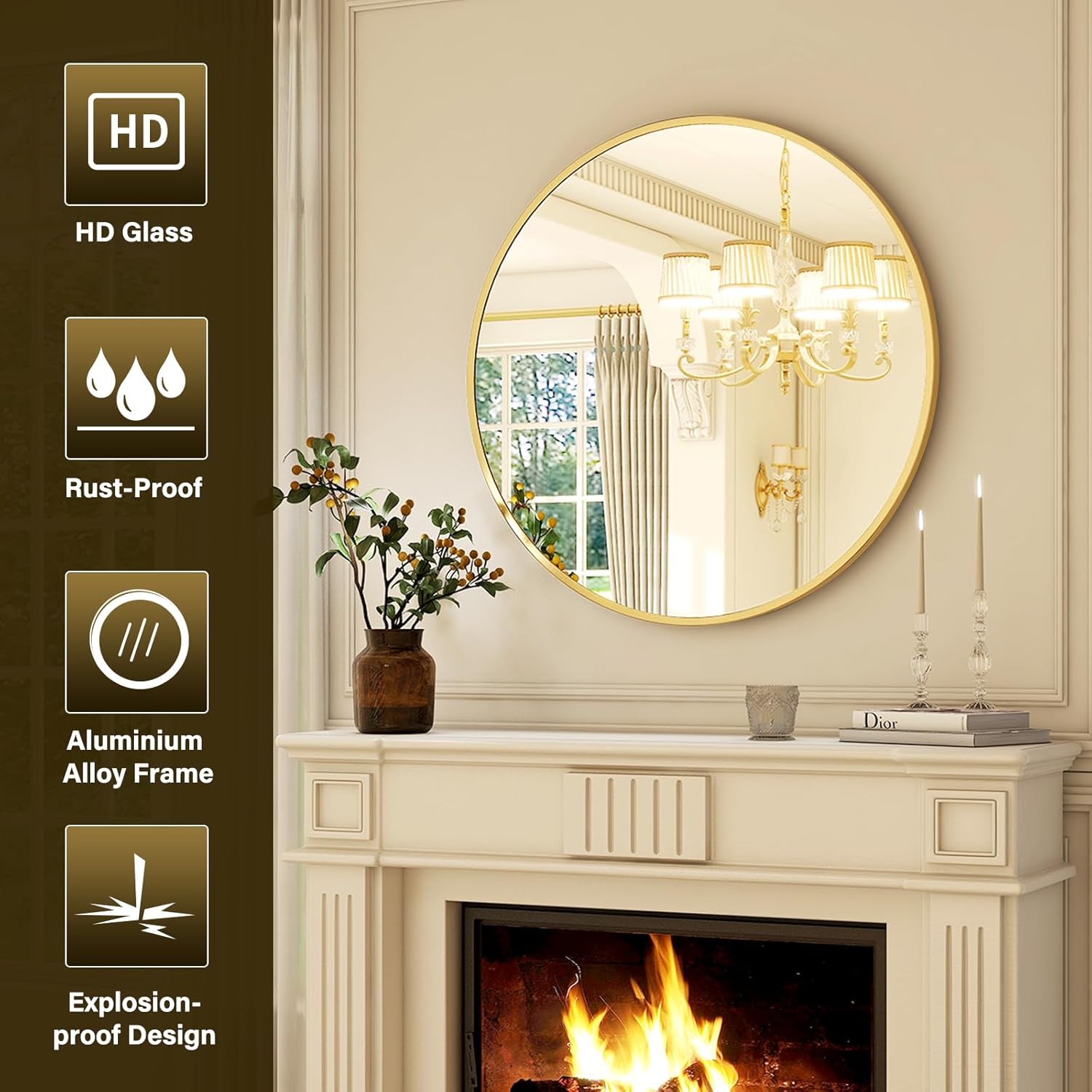 30 Inch Round Mirror - Circle Mirrors for Bathroom, Entryway and Living Room Wall Decor, Modern Hanging Vanity Mirror, Matte Gold Circle Decorative Wall Mirror - Image 6