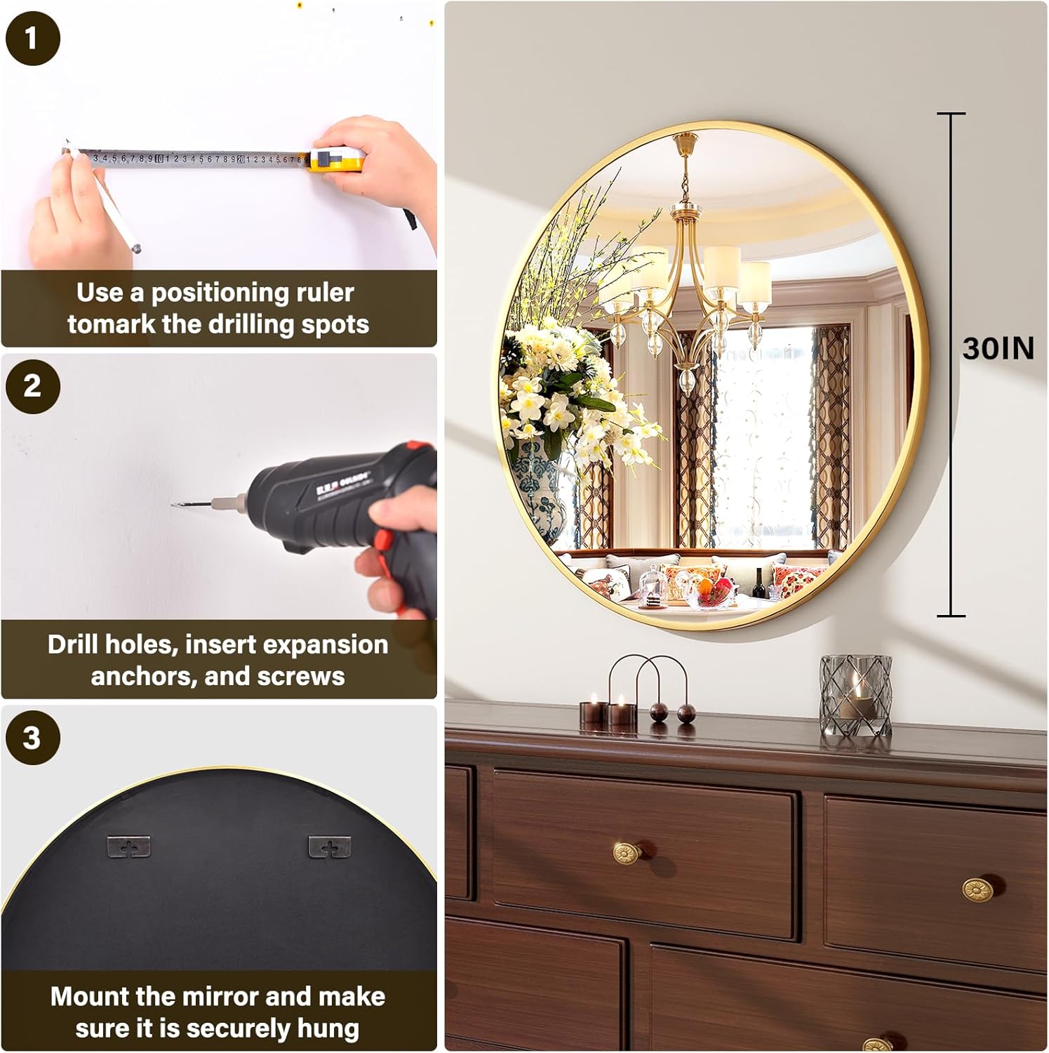 30 Inch Round Mirror - Circle Mirrors for Bathroom, Entryway and Living Room Wall Decor, Modern Hanging Vanity Mirror, Matte Gold Circle Decorative Wall Mirror - Image 8