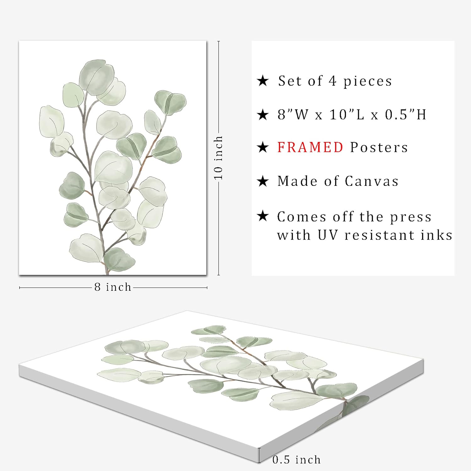 FRAMED Botanical Plant Canvas Wall Art,Boho Plant Wall Decor for Bedroom,Minimalist Floral Prints for Living Room,Light Green Botanical Art Painting for Office,Set of 4,8”x 10” - Image 3