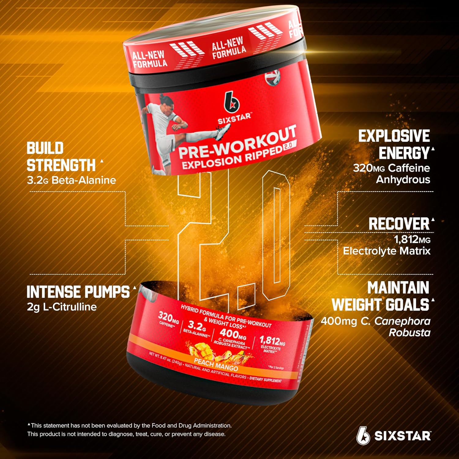 Six Star Pre-Workout Explosion, Peach Mango (30 Servings) - Preworkout Energy Powder Supplement for Men & Women - Pre Workout Drink Mix with Creatine & Beta Alanine - Sports Nutrition Products - Image 4