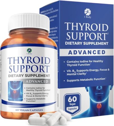 1 body thyroid support supplement with iodine, b12, zinc, selenium, ashwagandha, non gmo, vegetarian, 30 day supply