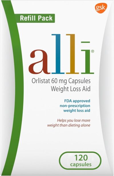 alli weight loss diet pills, orlistat 60 mg capsules, non prescription weight loss aid, 120 count refill pack
