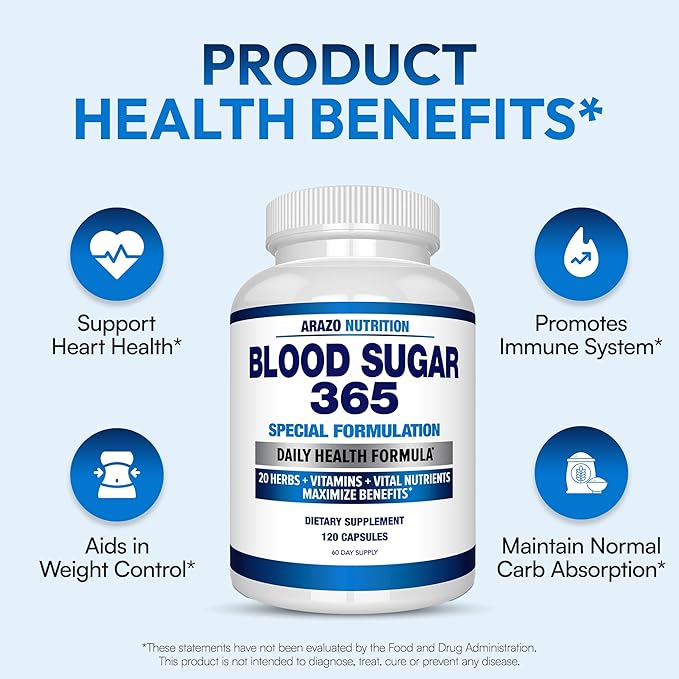arazo nutrition blood sugar 365 supplement – supports healthy energy levels 120 herbal pills 60 day supply
