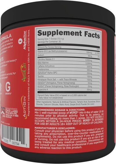 bucked up woke high stim pre workout best tasting focus nootropic, pump, strength and growth, 30 servings (grape)