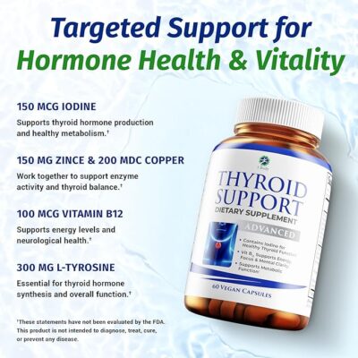 1 body thyroid support supplement with iodine, b12, zinc, selenium, ashwagandha, non gmo, vegetarian, 30 day supply