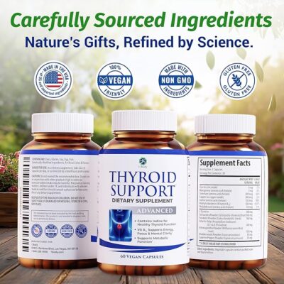 1 body thyroid support supplement with iodine, b12, zinc, selenium, ashwagandha, non gmo, vegetarian, 30 day supply