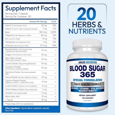 arazo nutrition blood sugar 365 supplement – supports healthy energy levels 120 herbal pills 60 day supply