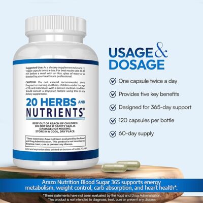 arazo nutrition blood sugar 365 supplement – supports healthy energy levels 120 herbal pills 60 day supply