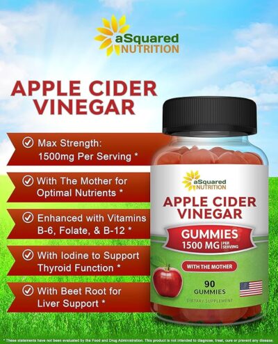 asquared nutrition apple cider vinegar gummies 1500mg with the mother 90 acv gummies w/vitamin b6 & b12, folic acid vegan gummy supplement alternative to capsules pills & drink