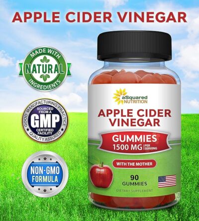 asquared nutrition apple cider vinegar gummies 1500mg with the mother 90 acv gummies w/vitamin b6 & b12, folic acid vegan gummy supplement alternative to capsules pills & drink