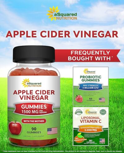 asquared nutrition apple cider vinegar gummies 1500mg with the mother 90 acv gummies w/vitamin b6 & b12, folic acid vegan gummy supplement alternative to capsules pills & drink