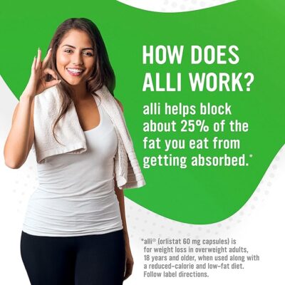 alli weight loss diet pills, orlistat 60 mg capsules, non prescription weight loss aid, 120 count refill pack